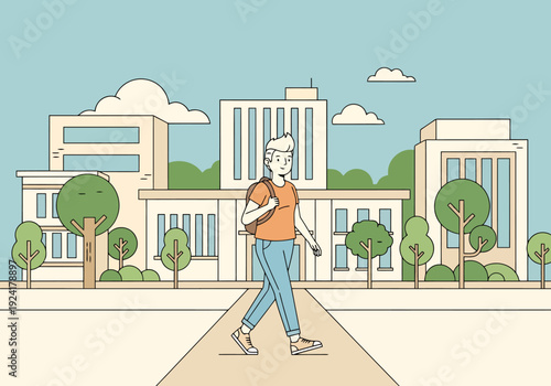 Young man with backpack walking on path in front of modern college campus university buildings with trees and clouds in background flat illustration