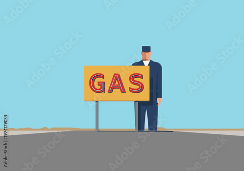 Vintage Texas gas station scene with a uniformed attendant guarding a 'GAS' sign. A classic, stylized illustration evokes Americana. Suitable for travel, road trip, and retro themes.