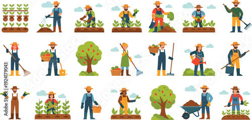 Farmers Working in Garden and Orchard Flat Vector Illustration Set with Agricultural Workers Planting, Harvesting, Watering, and Raking Crops Rural Farming Collection Design