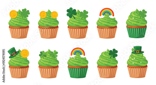 Ten cupcakes with green frosting decorated with shamrocks gold coins rainbows and leprechaun hats arranged in two rows on white.
