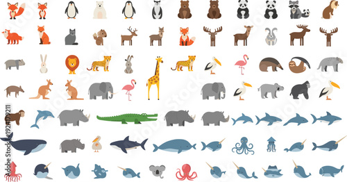 Cute wild farm and sea animals flat vector icon set collection
