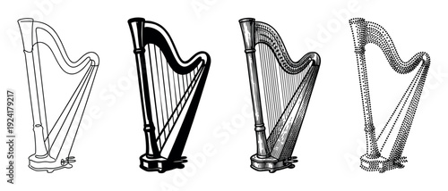 Four distinct stylized harp illustrations are presented in a row, showcasing various graphic art techniques including clean line art, solid silhouette, detailed engraving, and intricate stippling