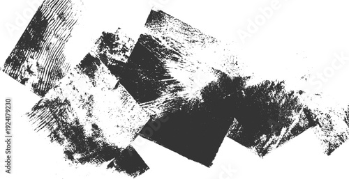 Overlapping abstract textured dark gray shapes on white background with rough brush strokes and grainy patterns