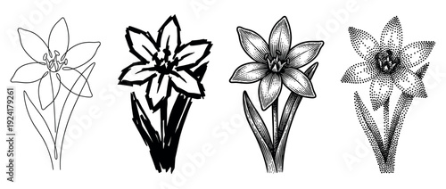 Four distinct black and white flower illustrations showcase various artistic styles, featuring elegant continuous line, bold brushstroke, intricate engraving, and delicate stipple dotwork