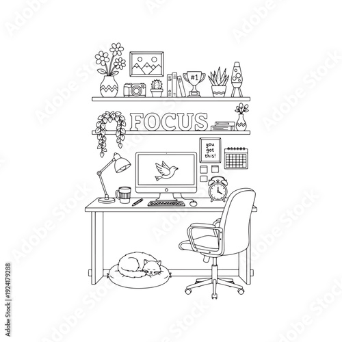 Home Office Workspace Coloring Page with Desk Computer Sleeping Cat and Motivational Quotes Vector Illustration
