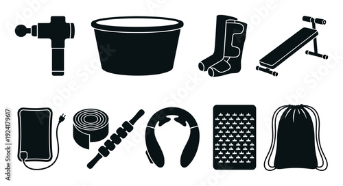 Various black silhouette icons of fitness and recovery equipment are neatly arranged, showcasing modern wellness tools in a clean, graphic style