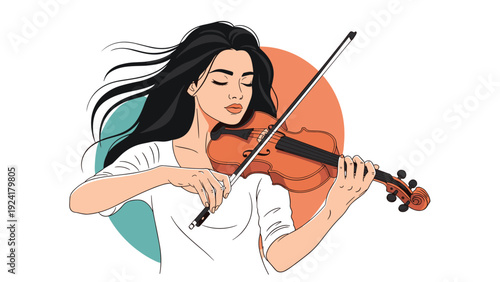 Artistic illustration of a beautiful woman with long dark hair playing the violin with passion and elegance during a concert.