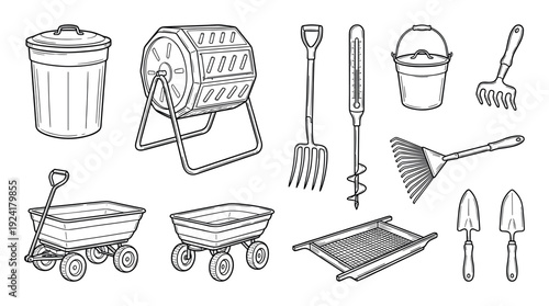 Various gardening and composting tools are depicted in a detailed black and white outline illustration, showcasing essential equipment for yard work and organic waste management