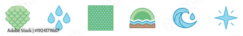 Six colorful flat design nature element icons, including a scaly texture, water droplets, a patterned rectangle, a hill with waves, a wave with a drop, and a sparkling star, presented illustratively