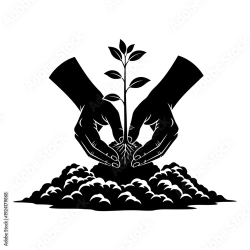 Hands Planting Tree Sapling Silhouette for Reforestation - Environmental Conservation Concept