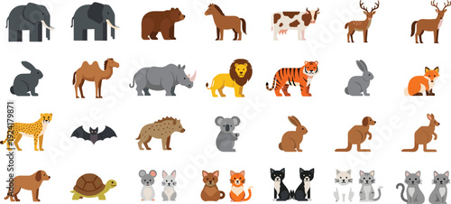 Cute animals flat vector set with wild farm pets and cartoon characters