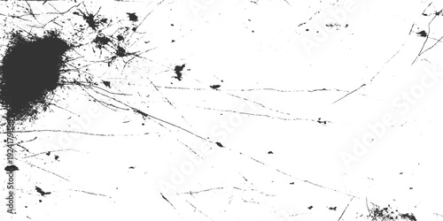 Black ink splashes and scratches on a white textured background splatter