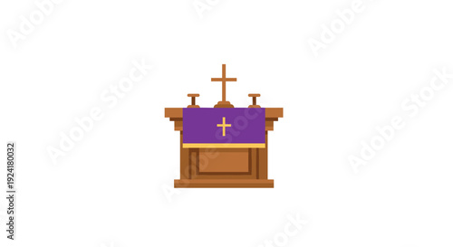 A small wooden lectern featuring a purple frontal cloth with a gold cross sits centered against a plain white background with a larger cross behind.