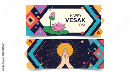 Happy Vesak Day banners featuring a pink lotus flower and praying hands symbol for Buddhist holiday celebrations.