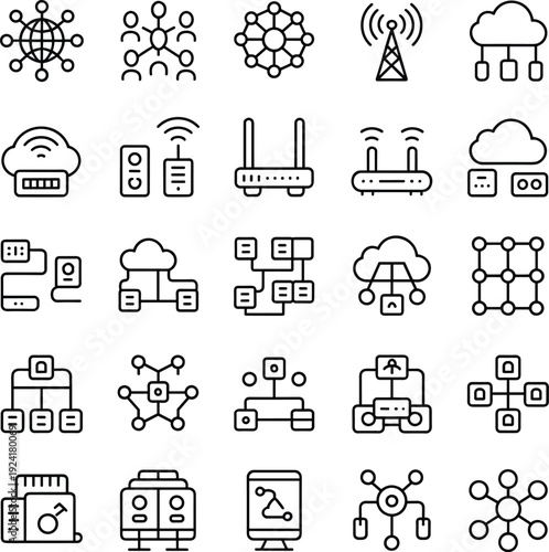 Cloud computing and network technology line icons set featuring server, router, wireless and data connection symbols, outline vector illustration isolated on white background