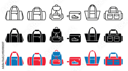 Diverse collection of travel and sports bags icons in outline, solid, and colored styles, neatly arranged in rows, showcasing various luggage designs for active lifestyles