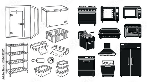 Comprehensive collection of commercial kitchen appliances and supplies is depicted in a clean, graphic illustration style, showcasing essential equipment for food service operations