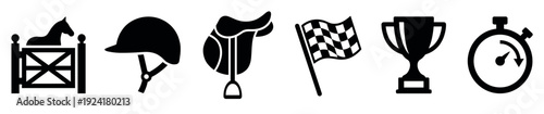 Six black silhouette equestrian and racing icons are neatly arranged horizontally, depicting a horse jump, helmet, saddle, checkered flag, trophy, and stopwatch in a clean, graphic style