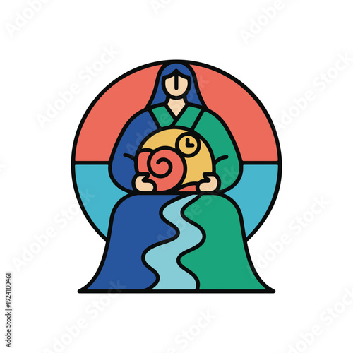 Stained Glass Style Vector Illustration of Mother Figure with Snail Shell Symbolizing Slow Living and Mental Wellness