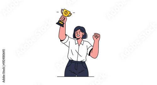 A woman in a white collared shirt and dark trousers holds a gold trophy aloft with one hand while raising her other fist in triumph.