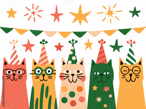 Festive illustration with cats wearing party hats and surrounded by stars and colorful pennant banners