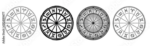 Four distinct black and white circular zodiac wheels showcase various artistic styles of astrological symbols, each intricately designed for mystical and spiritual themes