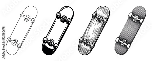 Four distinct black and white skateboard illustrations showcasing various artistic styles, including outline, solid, engraved, and halftone, presented in a dynamic, angled perspective