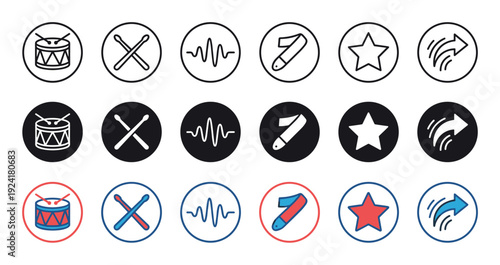 Diverse collection of music and sound themed vector icons, presented in three distinct styles including outline, filled, and vibrant color variations, suitable for various digital applications