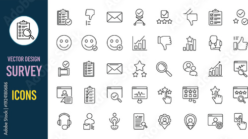 Vector collection of survey and feedback line icons including questionnaires, ratings, analytics, polling and user responses