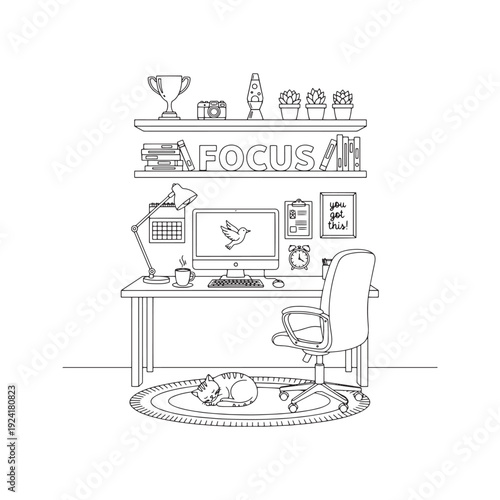Home Office Workspace Coloring Page with Desk Computer Sleeping Cat and Motivational Quotes Vector Illustration
