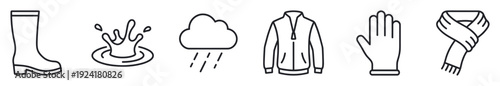 Black outline weather and clothing icons feature a rain boot, water splash, cloud with rain, jacket, glove, and scarf, presented in a clean, minimalist graphic style for seasonal themes