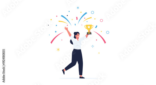 A woman holding a gold trophy with a star icon celebrates amidst an explosion of colorful confetti and shapes against a plain white background.