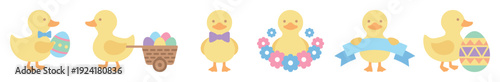 Six cute cartoon yellow ducklings celebrating Easter holiday, depicted in a charming flat vector illustration style with various festive elements like decorated eggs, bow ties, flowers, and a banner