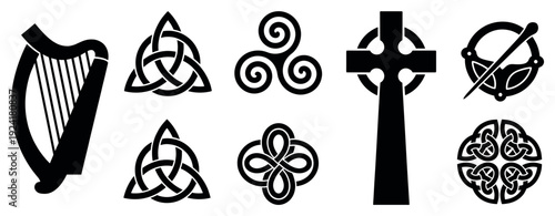 Various black traditional Celtic symbols and patterns are neatly arranged, showcasing ancient cultural and spiritual iconography with intricate knotwork designs