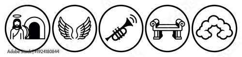 Five black and white religious icons depict Christian symbols of resurrection, angels, divine trumpets, a heavenly throne, and clouds, presented in a clean, minimalist vector style