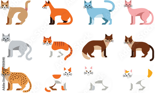 Cute cartoon cats flat vector set with different poses and colors