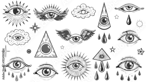 Whimsical monochrome illustration featuring various mystical eyes wings and celestial elements