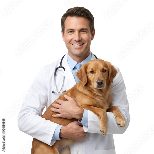 Veterinarian holding Golden Retriever dog isolated on transparent background