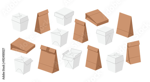 A collection of various isometric paper food containers including white boxes and brown bags is displayed against a clean white background.