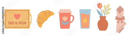 Charming collection of breakfast elements, featuring a wooden tray with a heart, croissant, coffee, juice, flowers, and a folded napkin, presented in a warm, inviting style