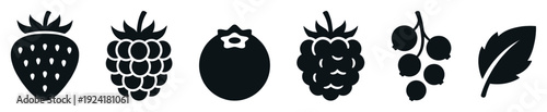 Various black silhouette berry and leaf icons are neatly arranged, showcasing a minimalist and graphic design style with clean lines and a modern aesthetic