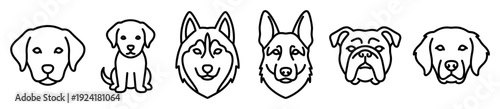 Various black outline minimalist dog breed illustrations featuring different canine faces and one sitting puppy, rendered in a clean, friendly line art style