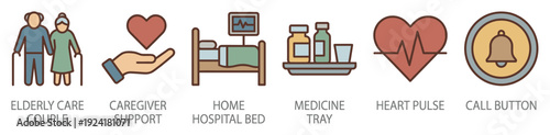 Six distinct flat outline icons illustrate comprehensive elderly and home healthcare services, featuring a senior couple, caregiver support, hospital bed, medicine, heart pulse, and call button