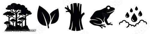 Collection of black silhouette nature icons depicting trees, leaves, a tree trunk, a frog, and raindrops, presented in a clean, graphic, and symbolic style