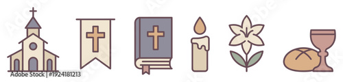 Six simple Christian religious icons representing faith and worship, featuring a church, cross banner, Bible, lit candle, lily, chalice, and bread, depicted in a clean, modern line-art style