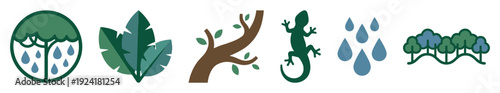 Various nature and weather-themed flat design icons are displayed horizontally, featuring rain, lush leaves, a tree branch, a lizard, and a forest
