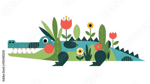 Whimsical crocodile character decorated with colorful flowers and plants for creative and playful children's illustrations.