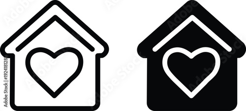 Two distinct house icons featuring a heart symbol, representing love, home, and care, one in outline and one in solid fill.