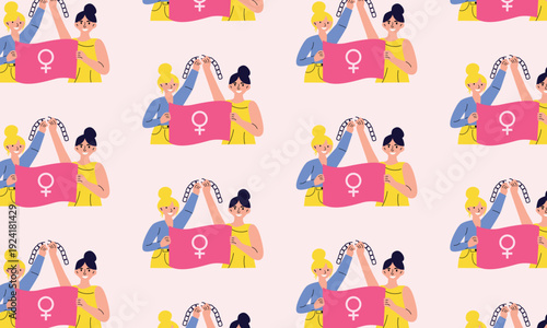 International Womens Day pattern with women holding feminist flag and breaking chains women rights and empowerment concept