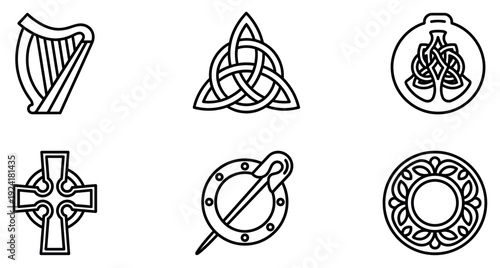 Six distinct Celtic cultural symbols are neatly arranged in a clean, minimalist line art style, showcasing traditional heritage elements with intricate details